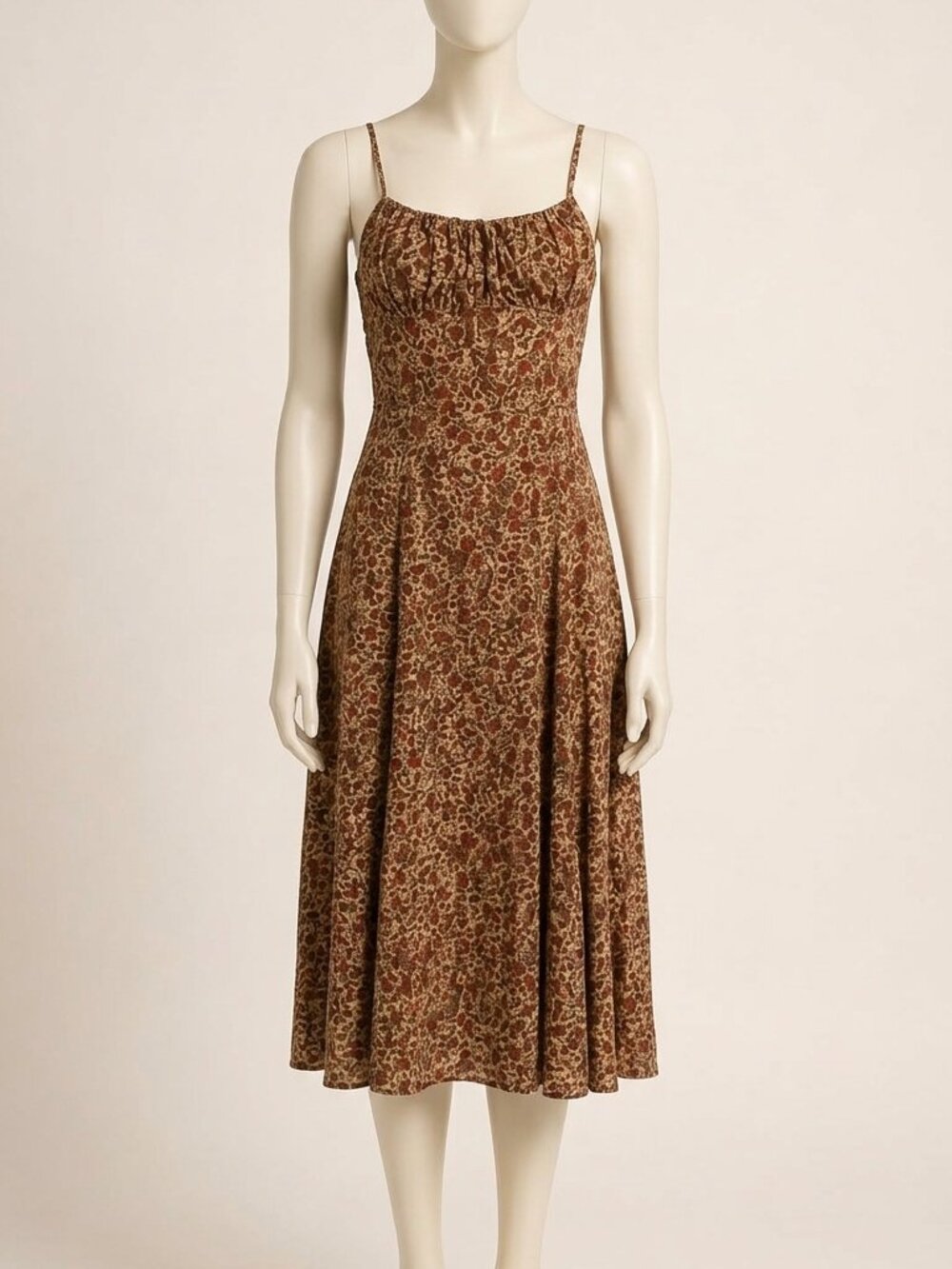 Tanming Floral Slip Dress Light Brown Size L Square Neck Summer Bodycon Dress